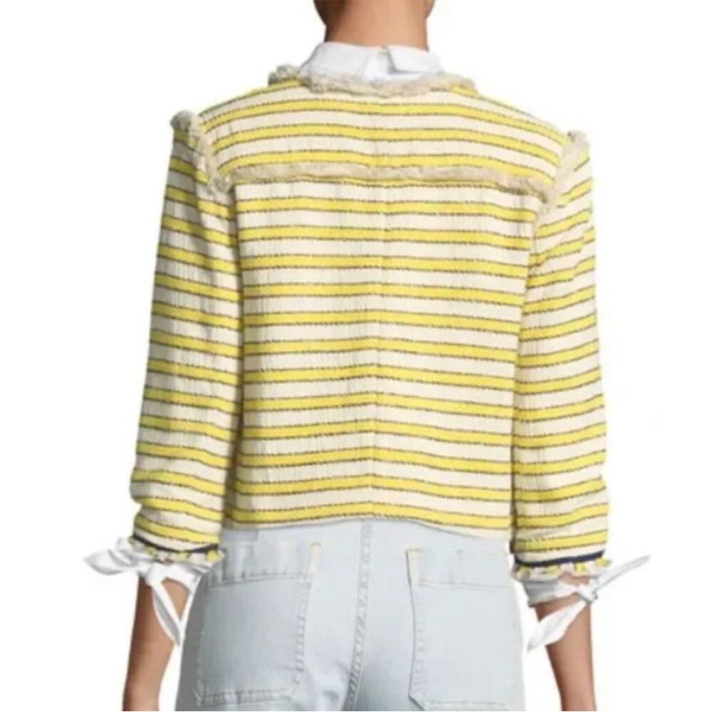 Veronica Beard Talie Tweed Blazer Yellow White Striped Frayed Trim Size 0 - Picture 2 of 12